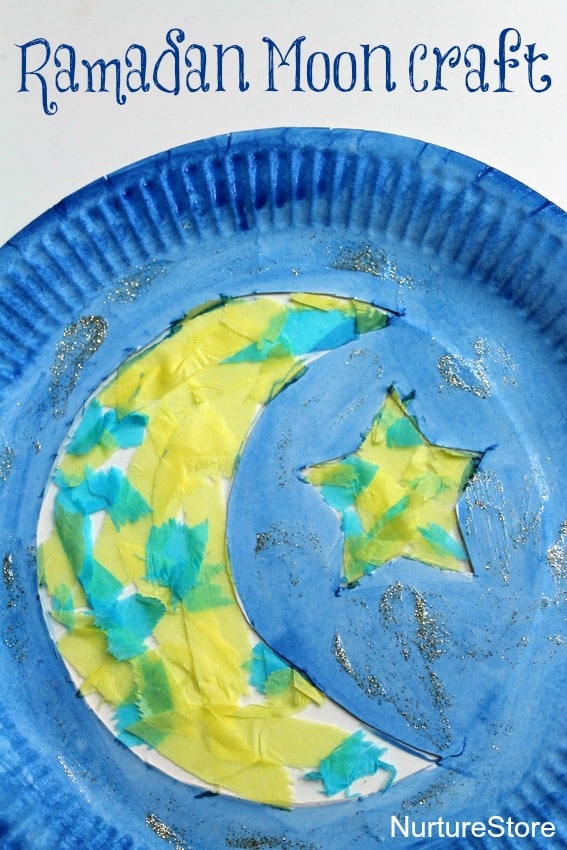 A beautiful crescent moon and star paper plate Ramadan craft.