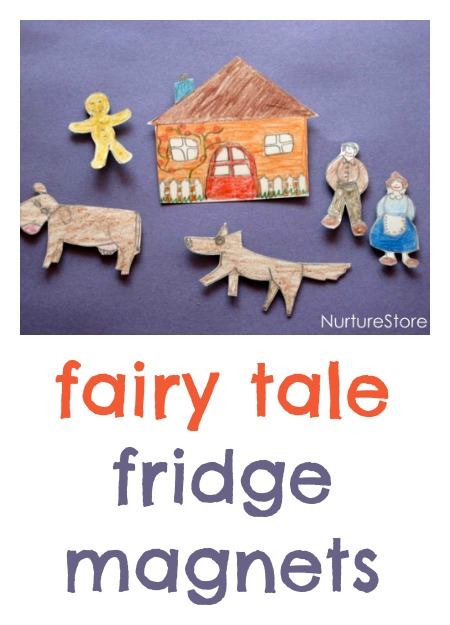 Create a set of DIY fairy tale fridge magnets for creative storytelling. Great to keep kids busy while you're cooking!