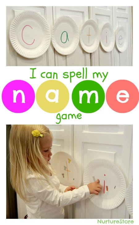A fun kids activity to help children learn to read and spell their name: play the paper plate name game!