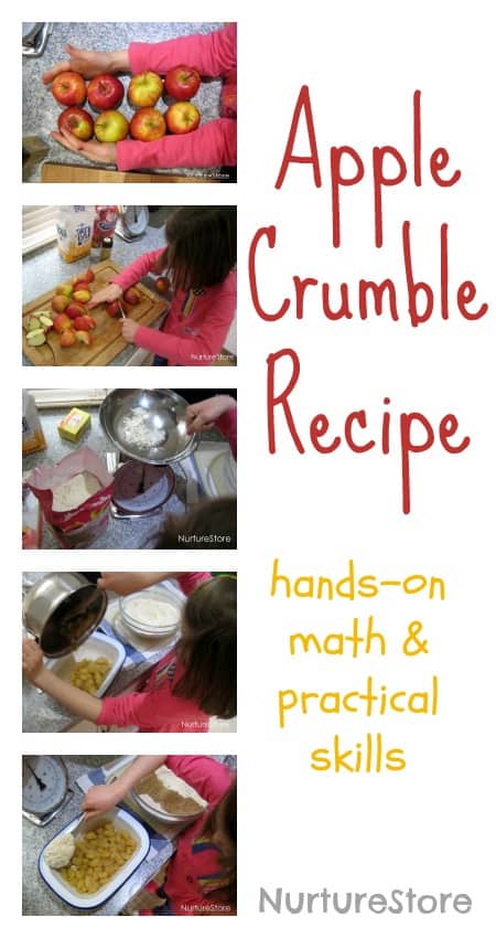 Delicious for fall: apple crumble recipe. A great way for kids to learn hands-on math and practical skills