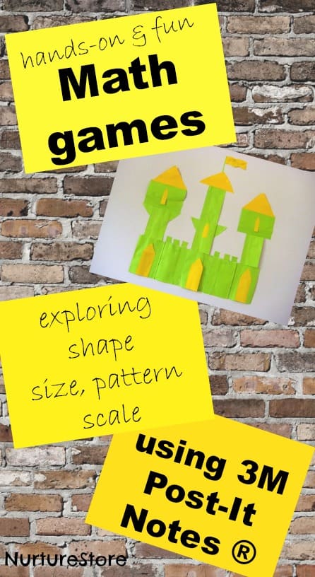 Great ideas for hands-on math games using Post-It notes: exploring shape, scale, patterns and size.