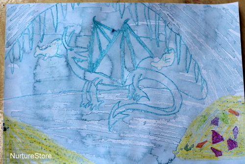 wax crayon water paint dragon