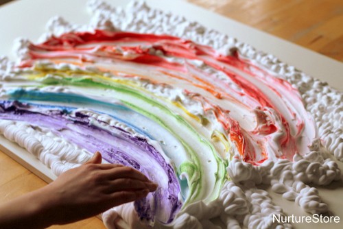 shaving foam sensory play rainbow themed