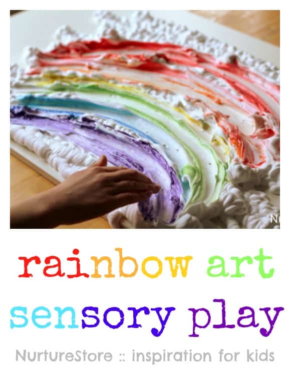Such hands-on fun! Rainbow art shaving foam sensory play ideas.