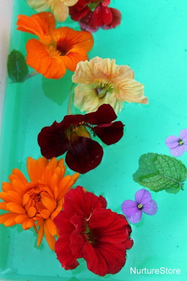 water play activity with flowers