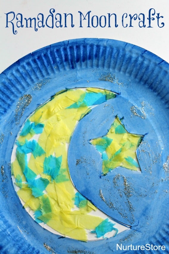 A beautiful cresent moon and star paper plate Ramadan craft.