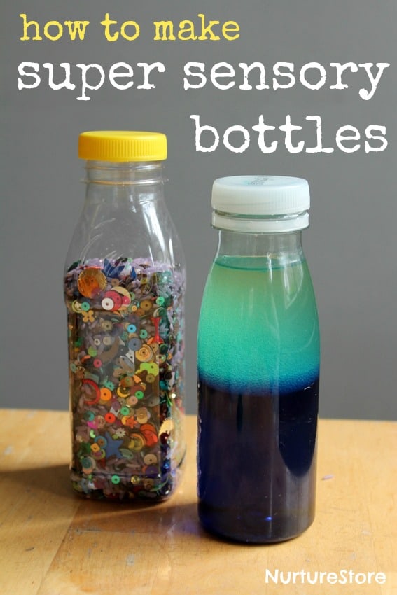 How to make sensory bottles for babies and toddlers. DIY discovery bottles for sensory play.