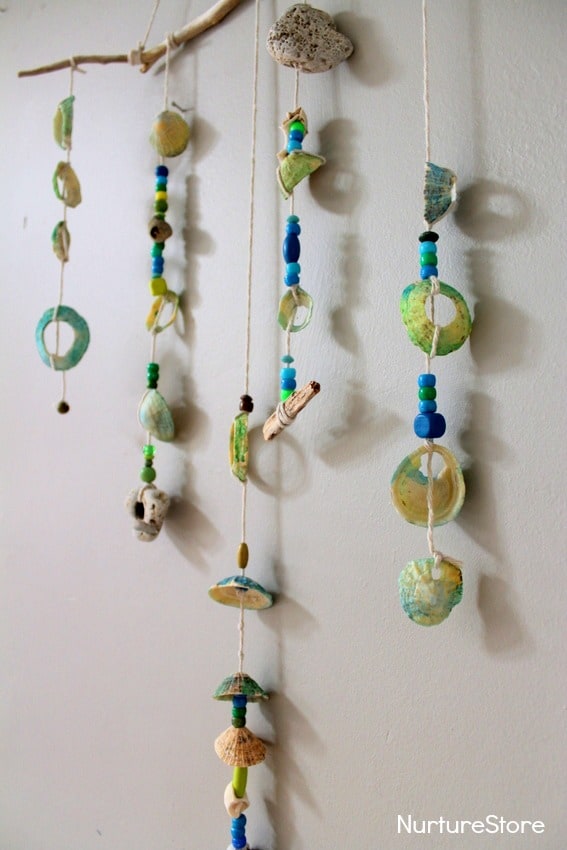 Hanging shell mobile just using driftwood, shells and fishing line