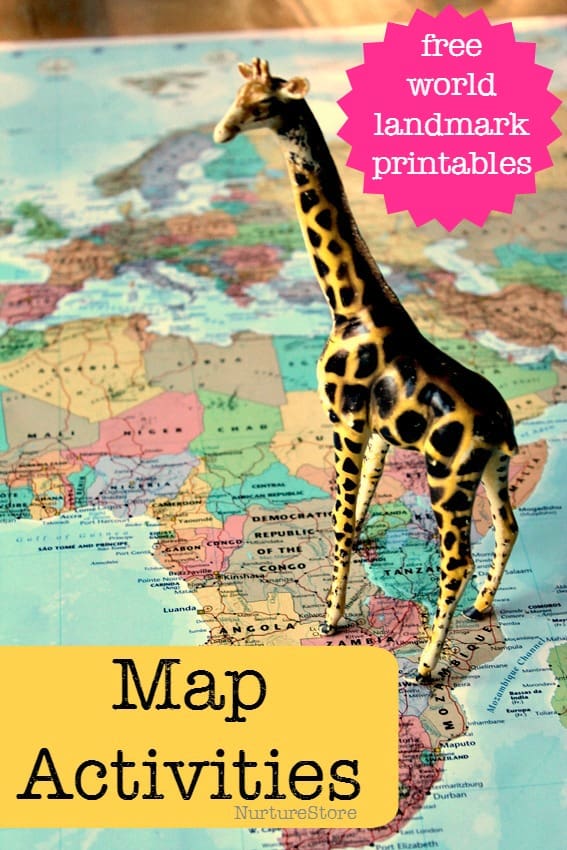 Great ideas for world map activities for kids, and free world landmark printables