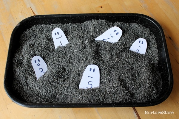 halloween sensory tub with ghosts