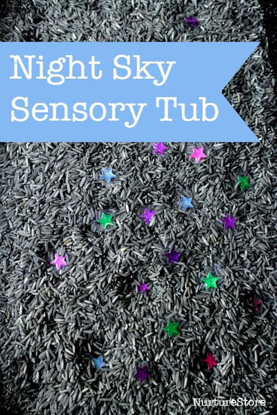 Nigth sky sensory tub for sensory play, space theme and with ideas for hands-on math games.