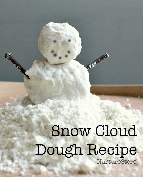 easy snow cloud dough recipe - great for winter sensory play and snowmen activities