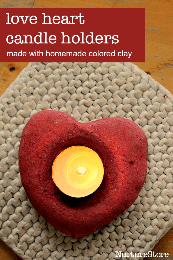 Homemade colored clay recipe and a beautiful Valentine craft - heart shaped candle holders