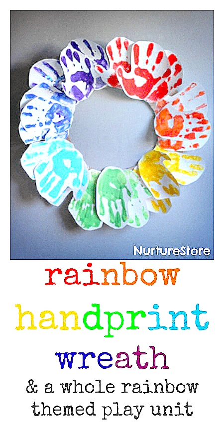 Beautiful rainbow handprint wreath craft, plus a whole unit of rainbow-themed activities