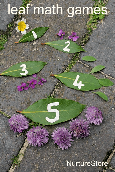 Leaf math games - hands-on math center using natural materials, and ideas for taking outdoor math activities