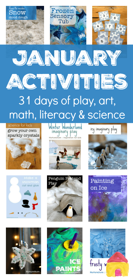 A whole month of seasonal activities for January :: winter arts and crafts :: snow and ice sensory play :: winter themed centers for winter math, literacy and science. So useful!