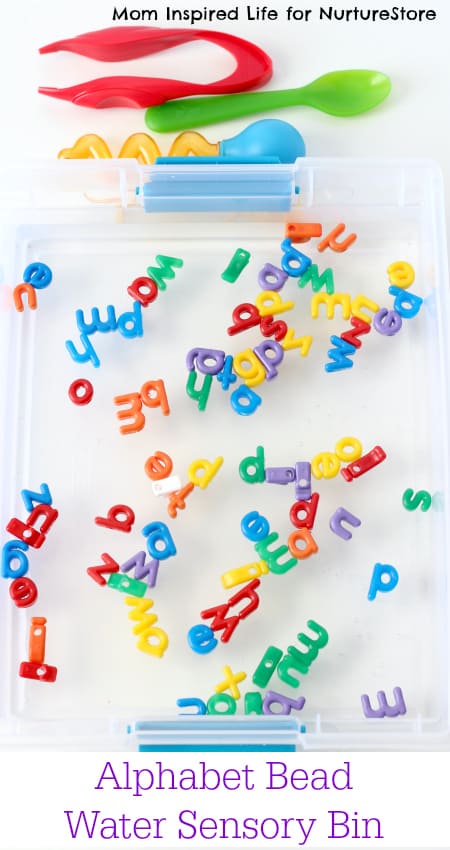 Fun letter activity for preschoolers - this alphabet bead water sensory bin is quick to set up and fun for adding letters to sensory play