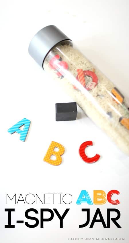 How to make a magnetic ABC I-spy jar - great sensory bottle idea and a fun alphabet game. 