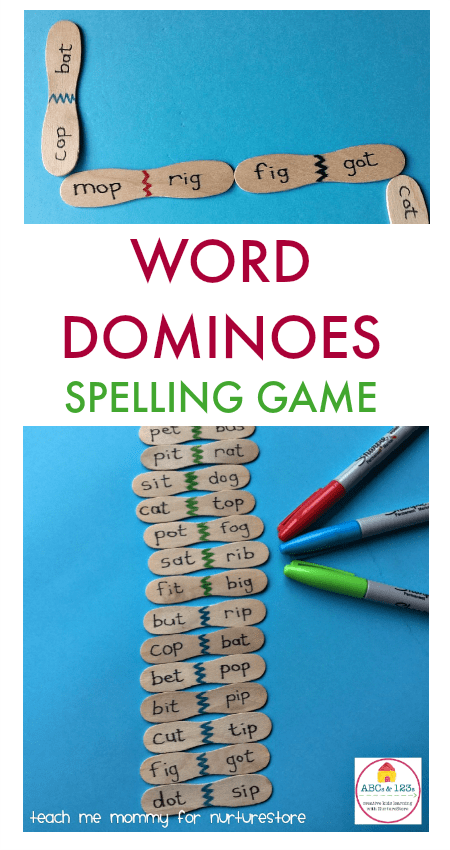 Homemade word dominoes spelling game for cvc words