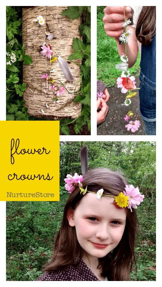 How to make flower crowns forest school activity, nature walk craft, beltane craft