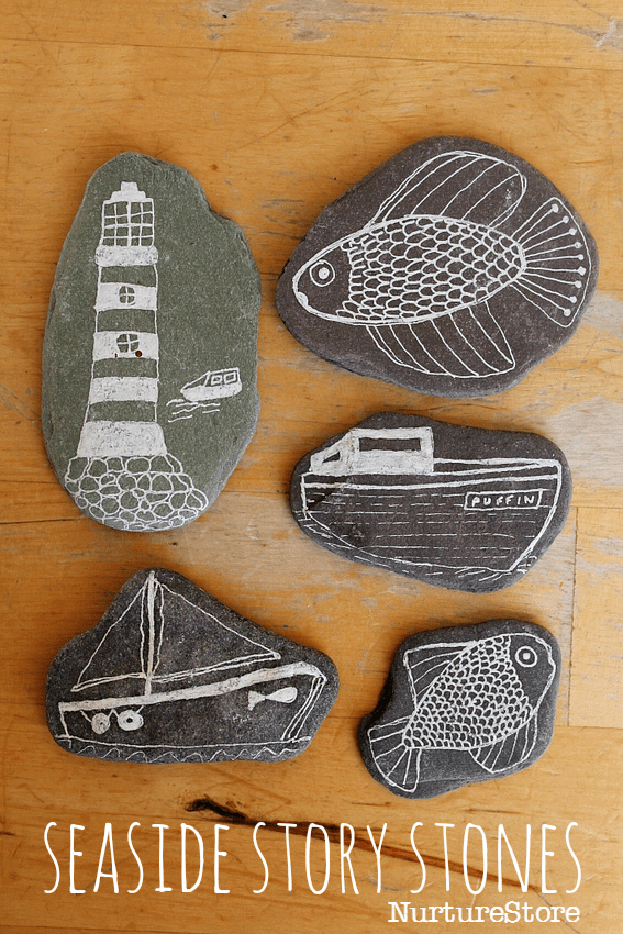 Seaside craft story stones - great for under the sea theme and ocean art projects. Seaside literacy center idea.