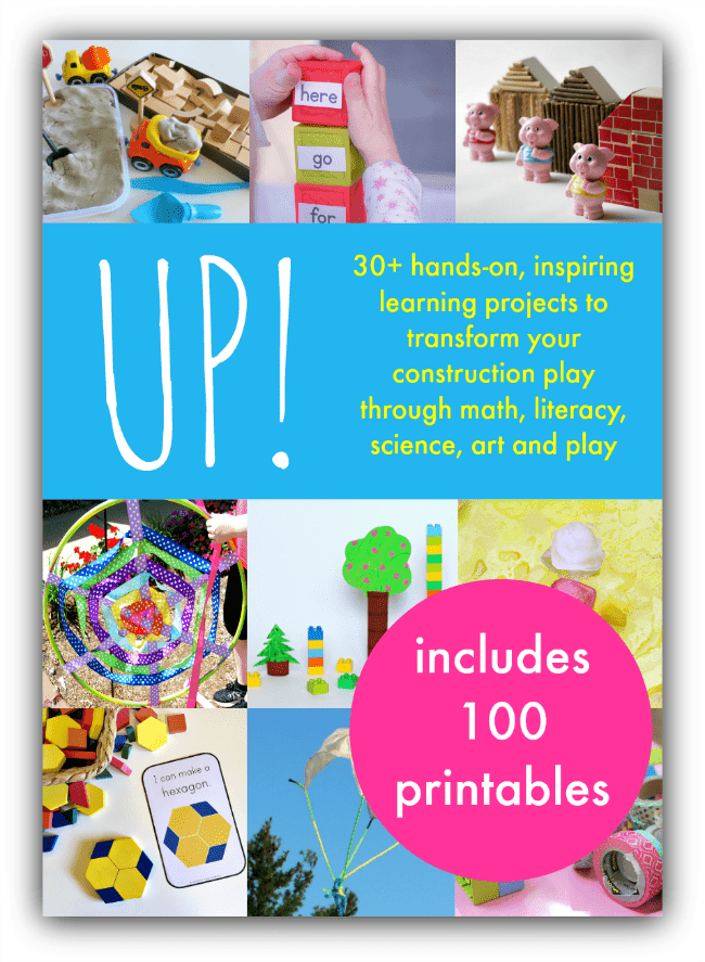 Up! block play ideas, block center activities, construction play ideas. 100 free block play printables.