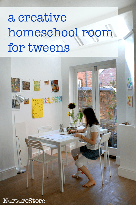 A creative and simple homeschool room for tweens with ideas for homeschool room layout, homeschool stroage solutions and a home art room for kids