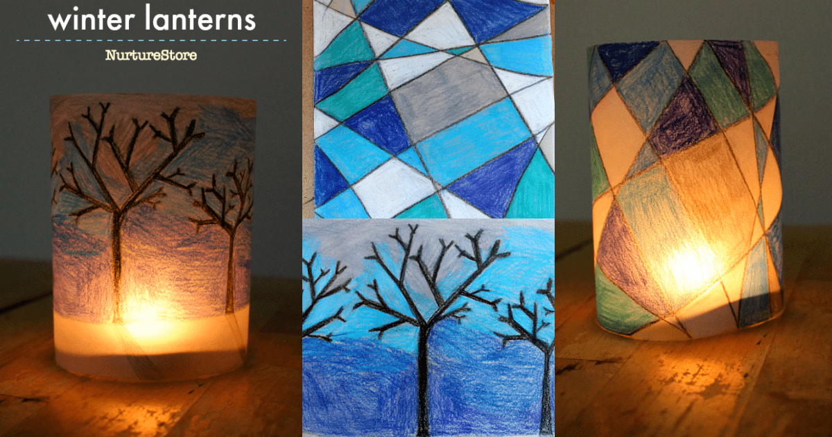 Winter paper lantern craft project using cool colors and 