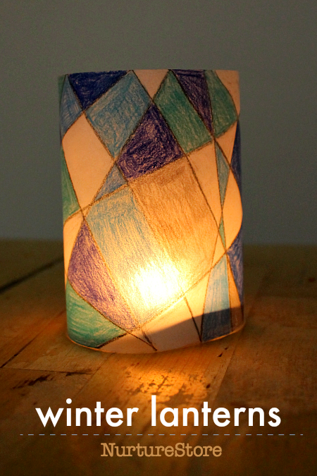 Winter paper lantern craft project using cool colors and winter skyline ...