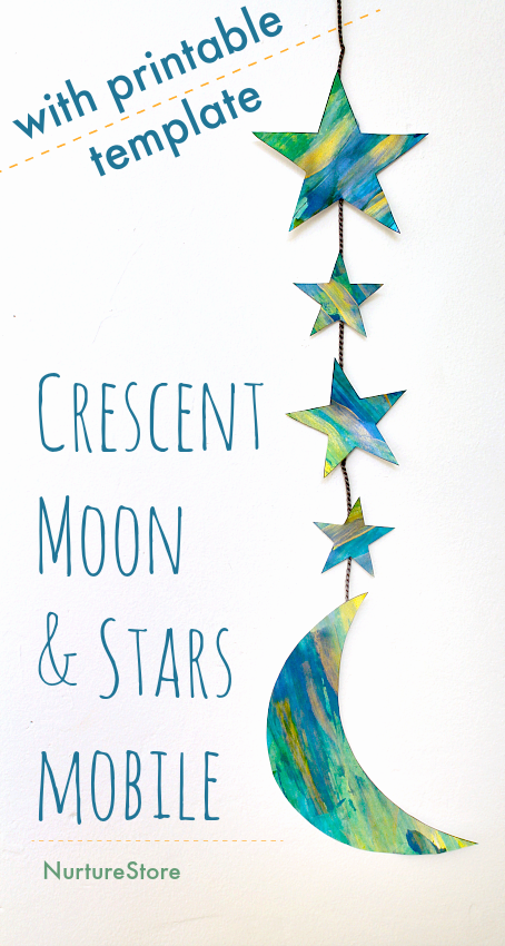 crescent moon and stars mobile craft printable, easy Ramadan craft for kids
