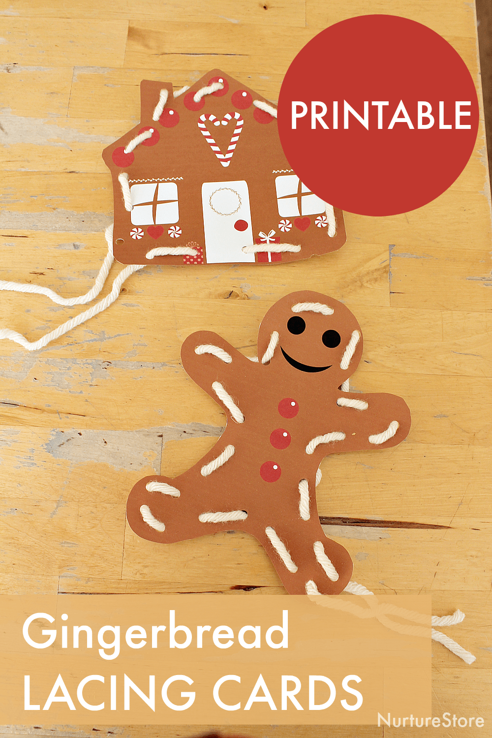 Gingerbread printable lacing cards for fine motor skills practice