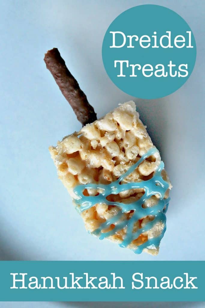 fun hanukkah party food for kids, dreidel snack marshmallow crispie recipe