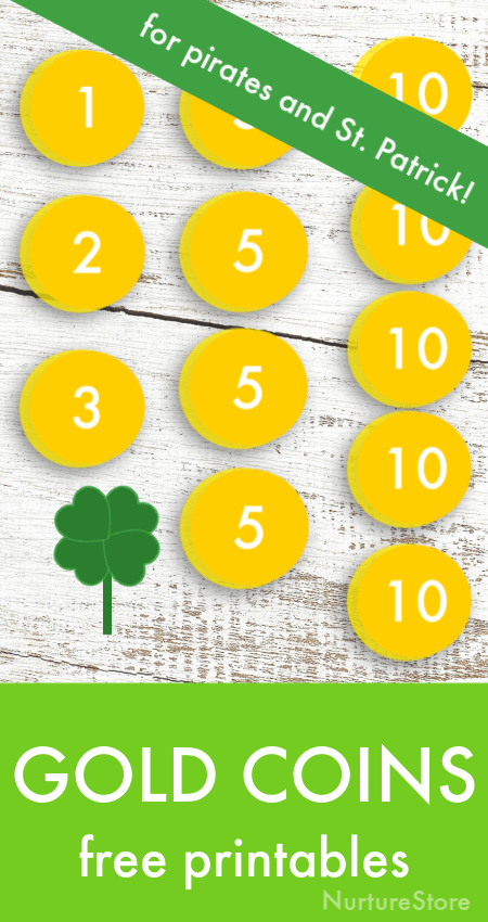 Gold coins printable for St. Patrick's Day math activities, pirate party printables, pirate math activity printable