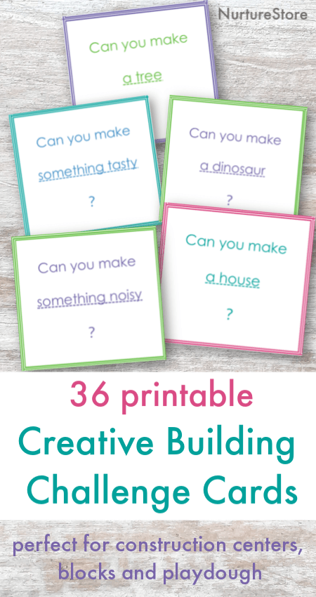 Printable building challenge cards, construction center activities, kids building challenge cards