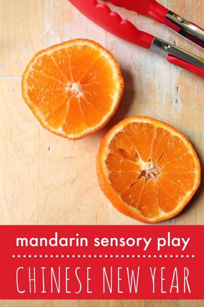 sensory play Chinese New Year with mandarins