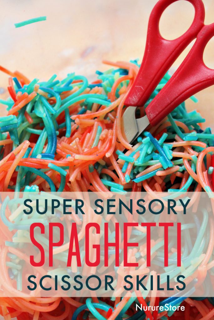 Super sensory scissor skills play with spaghetti - NurtureStore