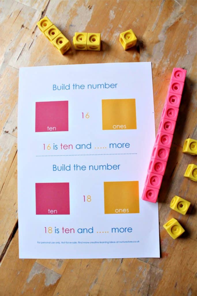 Base ten place value activities with teen number towers printable