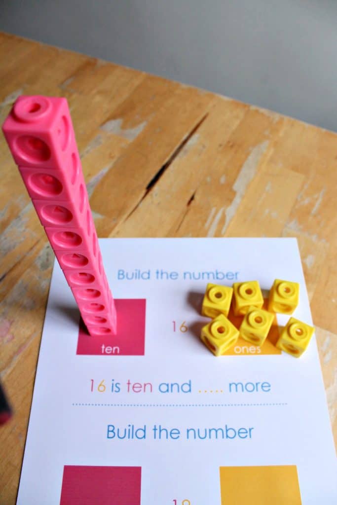 Base ten place value activities with teen number towers printable