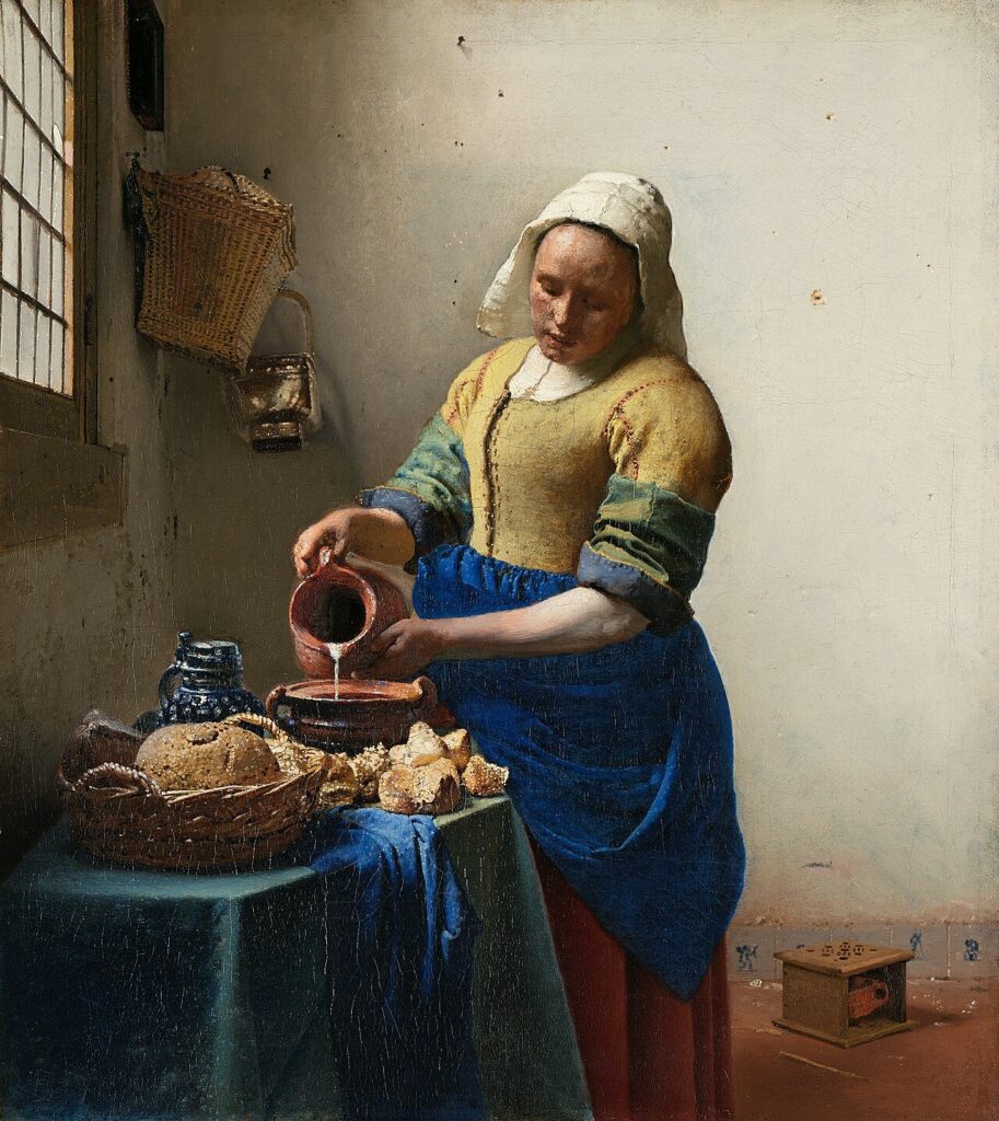 Painting of a milkmaid in the primary colours of red yellow and blue