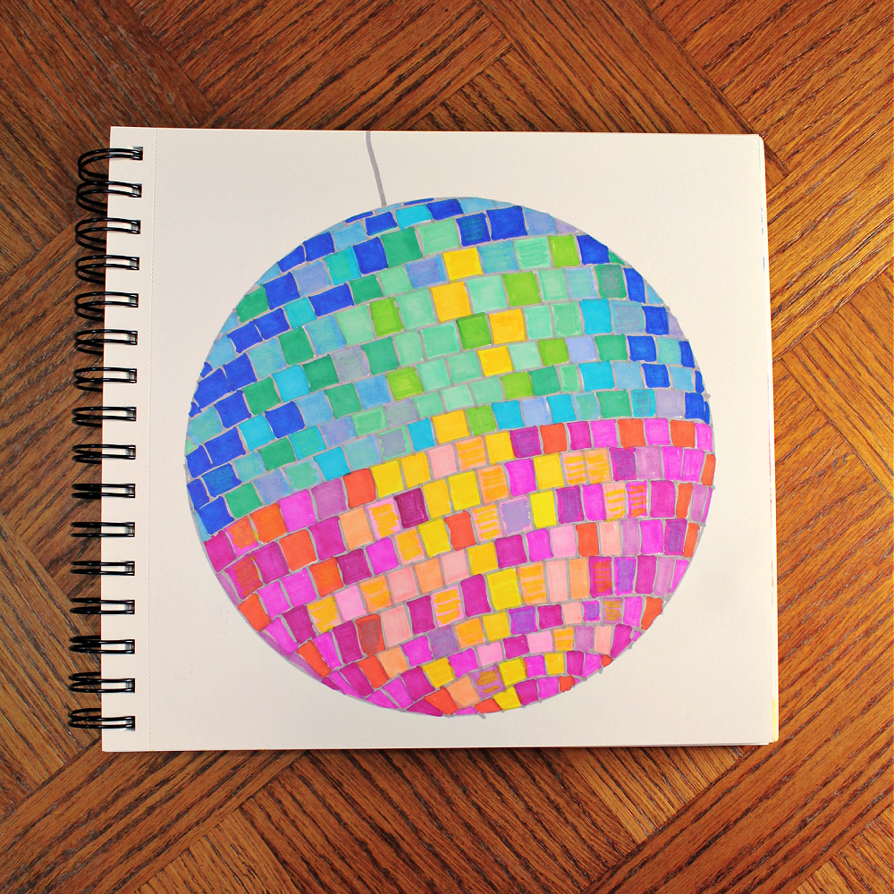 mirror ball illustration in pink and green marker pens
