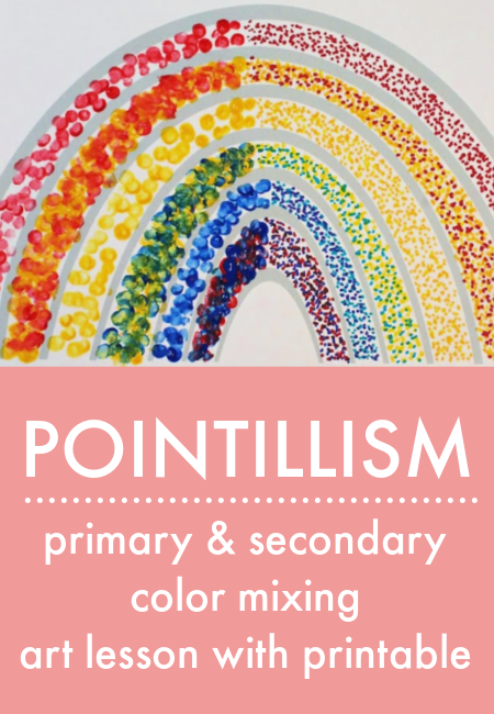 Easy pointillism art lesson for children mixing primary and secondary colors